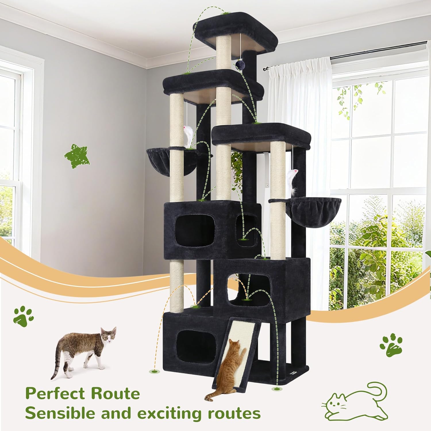Dark grey 85-inch multi-level cat tree with sisal posts, condos and hammocks for large cats — view 5b