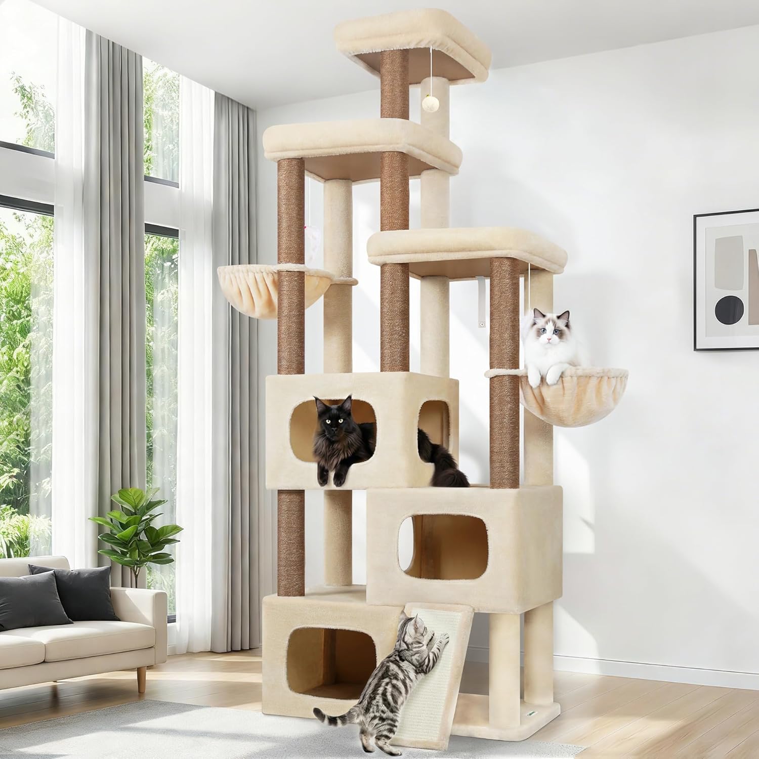 Dark grey 85-inch multi-level cat tree with sisal posts, condos and hammocks for large cats — view 7a