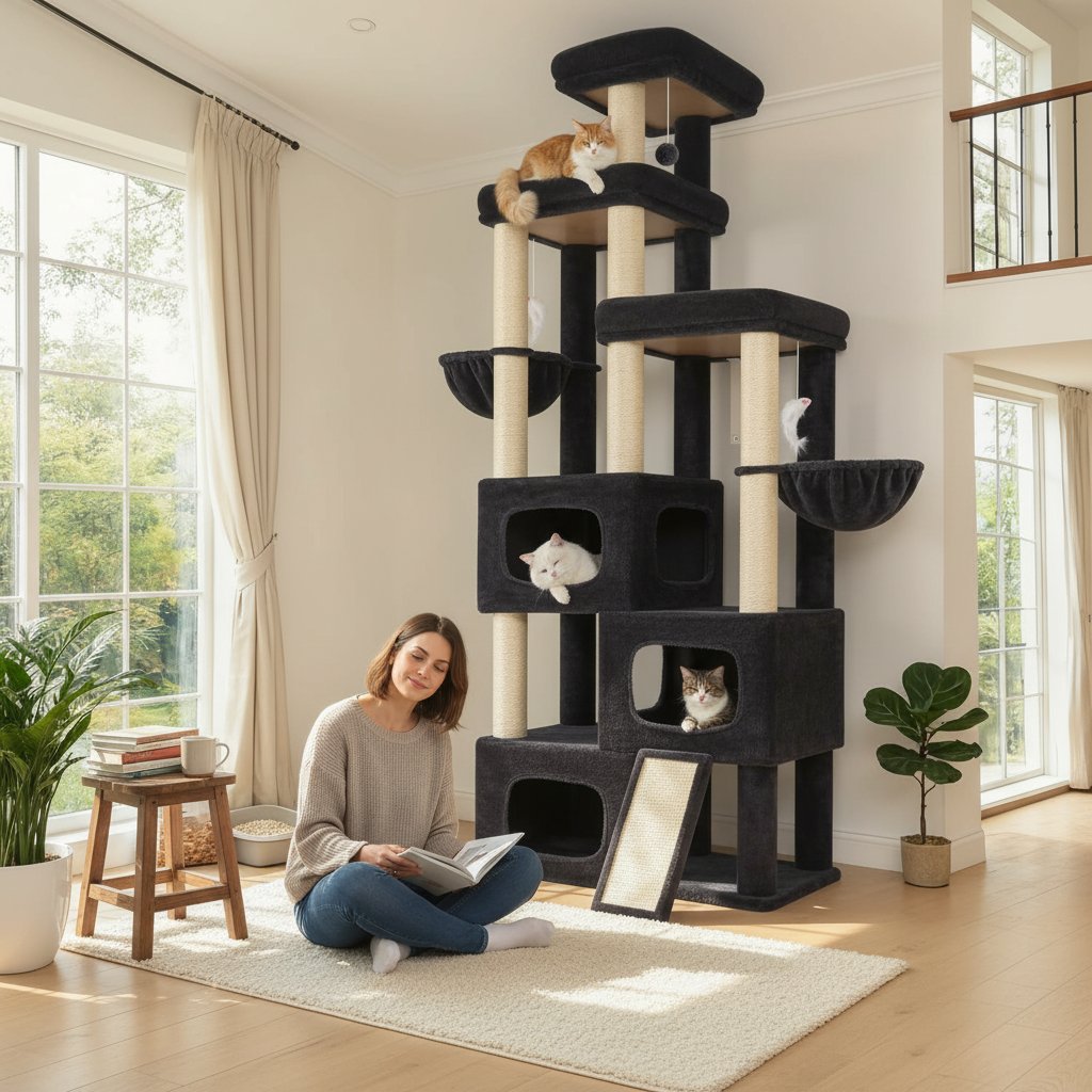 Dark grey 85-inch multi-level cat tree with sisal posts, condos and hammocks for large cats — view 1