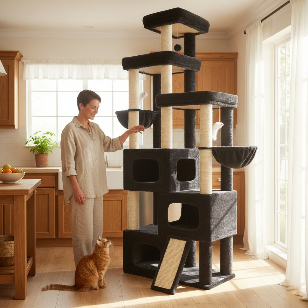 Dark grey 85-inch multi-level cat tree with sisal posts, condos and hammocks for large cats — view 2