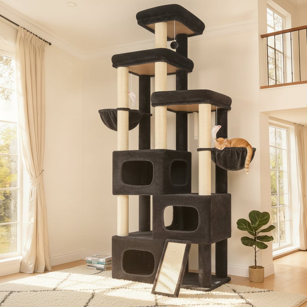 Dark grey 85-inch multi-level cat tree with sisal posts, condos and hammocks for large cats — view 3a