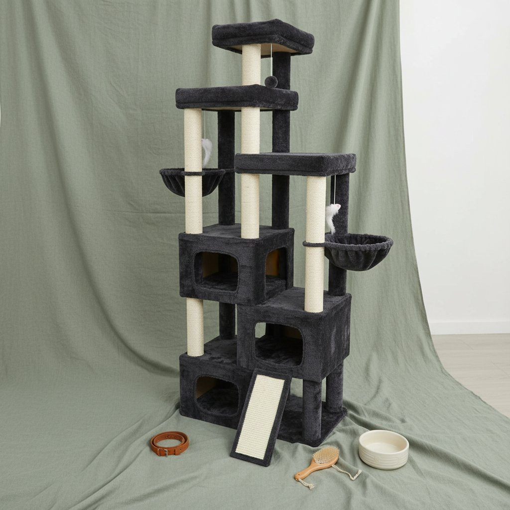 Dark grey 85-inch multi-level cat tree with sisal posts, condos and hammocks for large cats — view 4