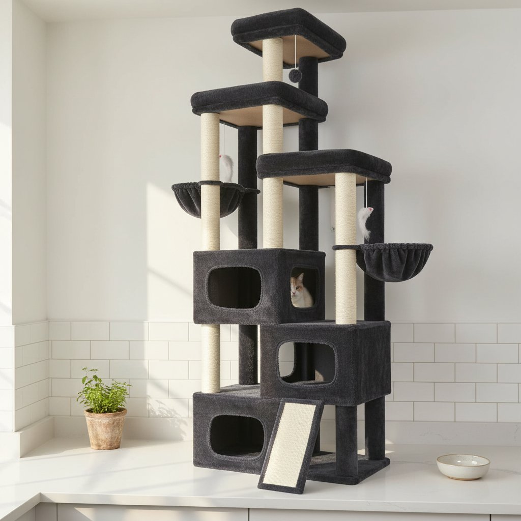 Dark grey 85-inch multi-level cat tree with sisal posts, condos and hammocks for large cats — view 5a