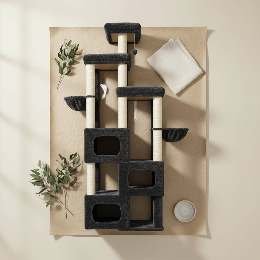 Dark grey 85-inch multi-level cat tree with sisal posts, condos and hammocks for large cats — view 7b