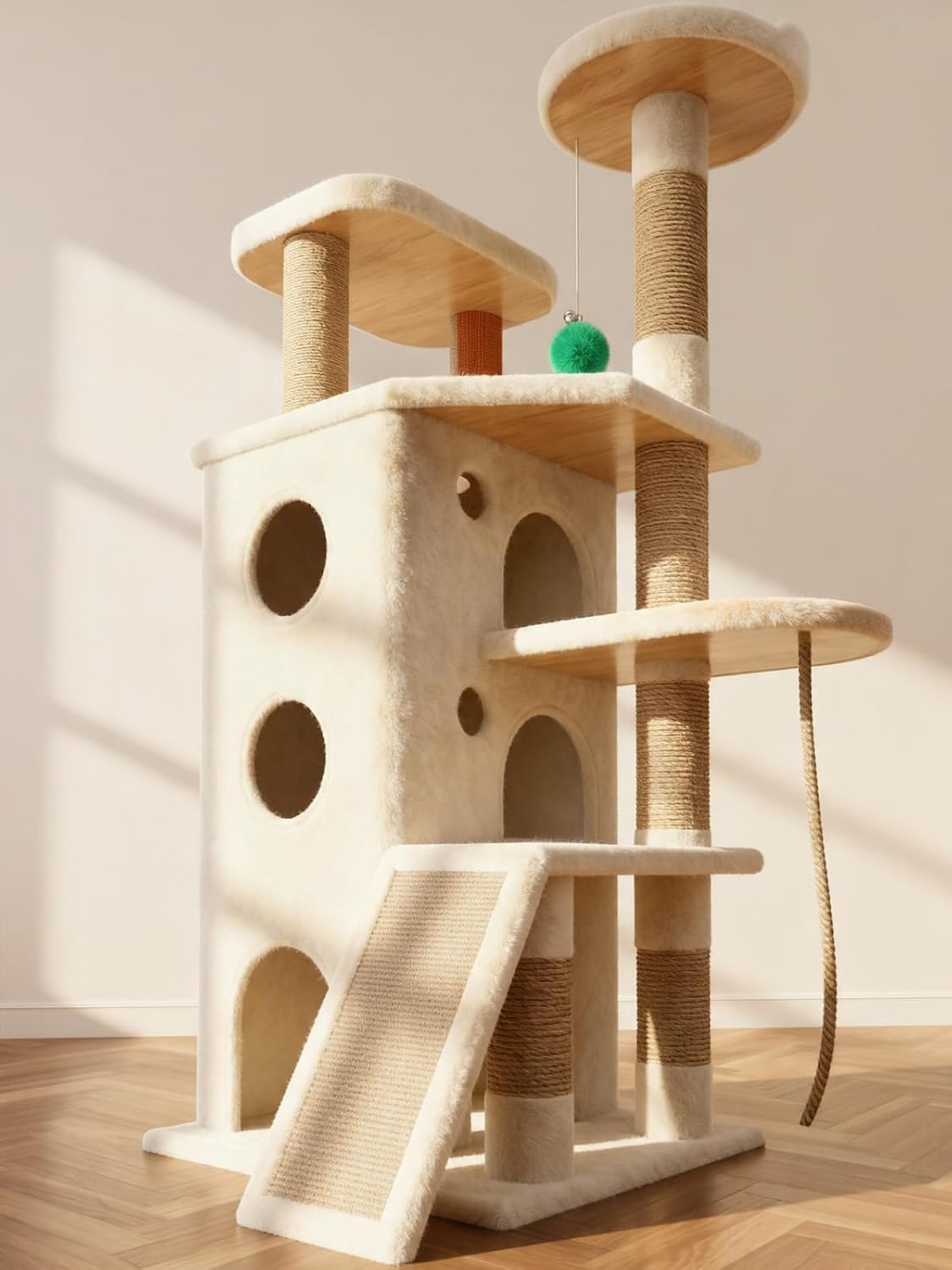 Oatmeal and suede heavy duty cat tree tower with multiple levels and hideaway spaces for cats — view 1