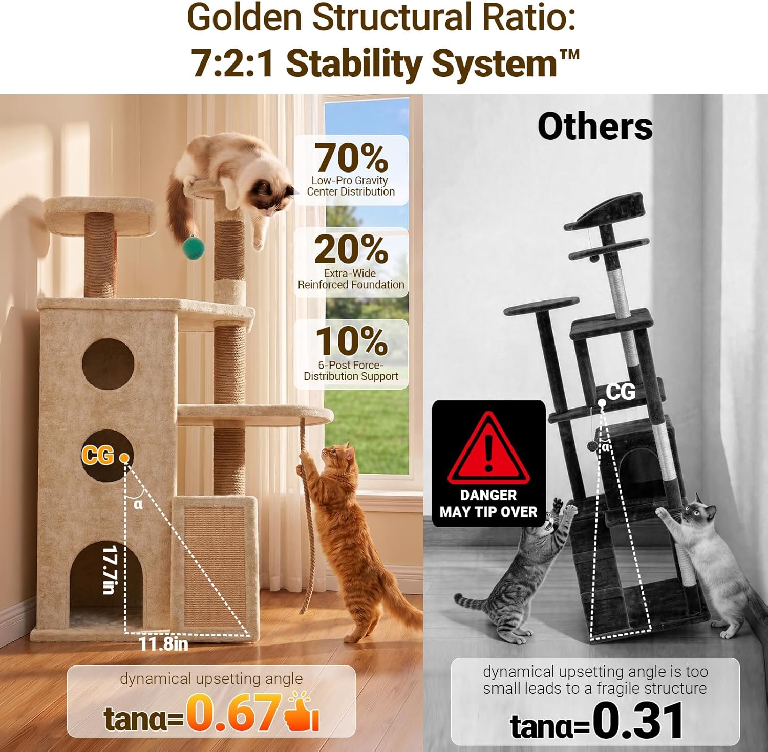 Oatmeal and suede heavy duty cat tree tower with multiple levels and hideaway spaces for cats — view 2