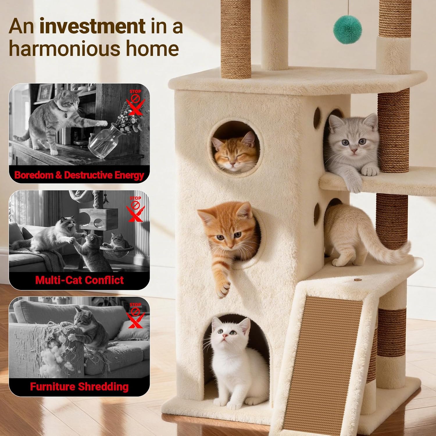 Oatmeal and suede heavy duty cat tree tower with multiple levels and hideaway spaces for cats — view 4