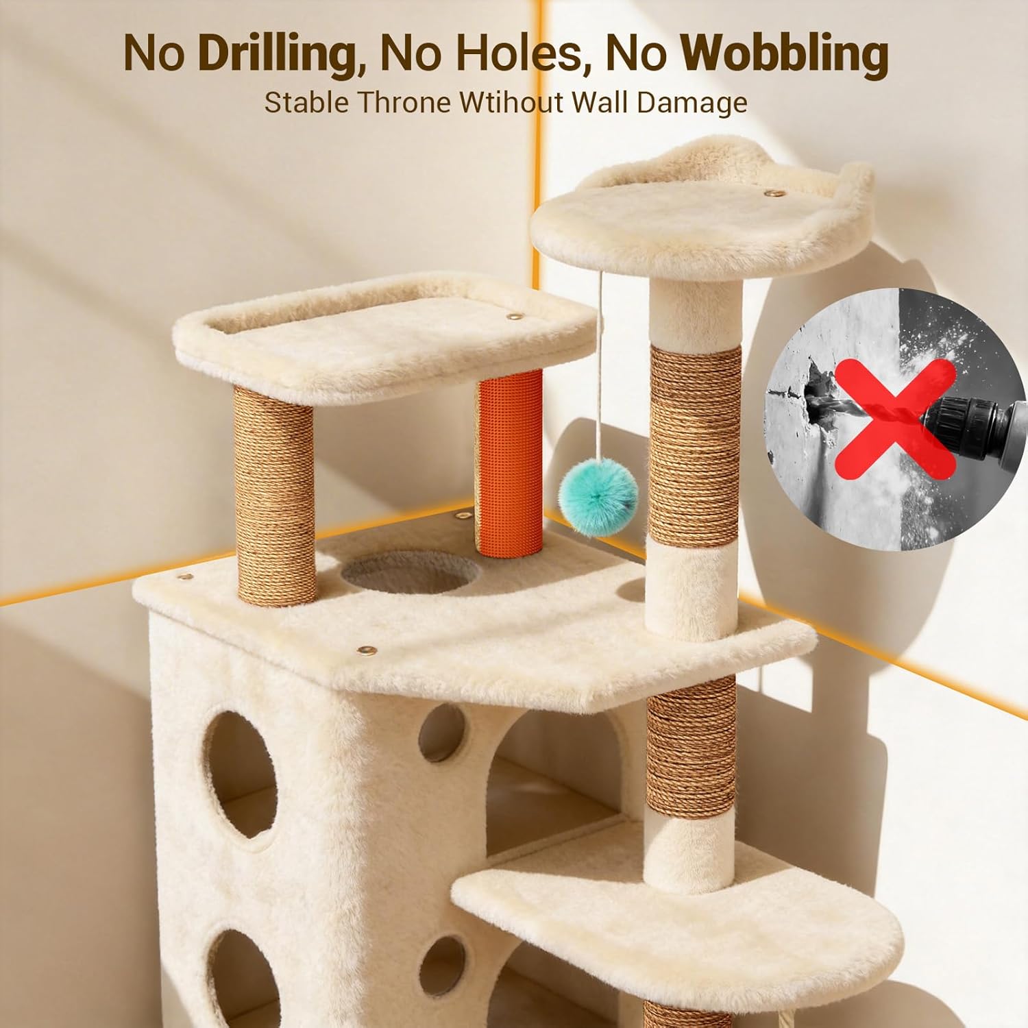 Oatmeal and suede heavy duty cat tree tower with multiple levels and hideaway spaces for cats — view 2