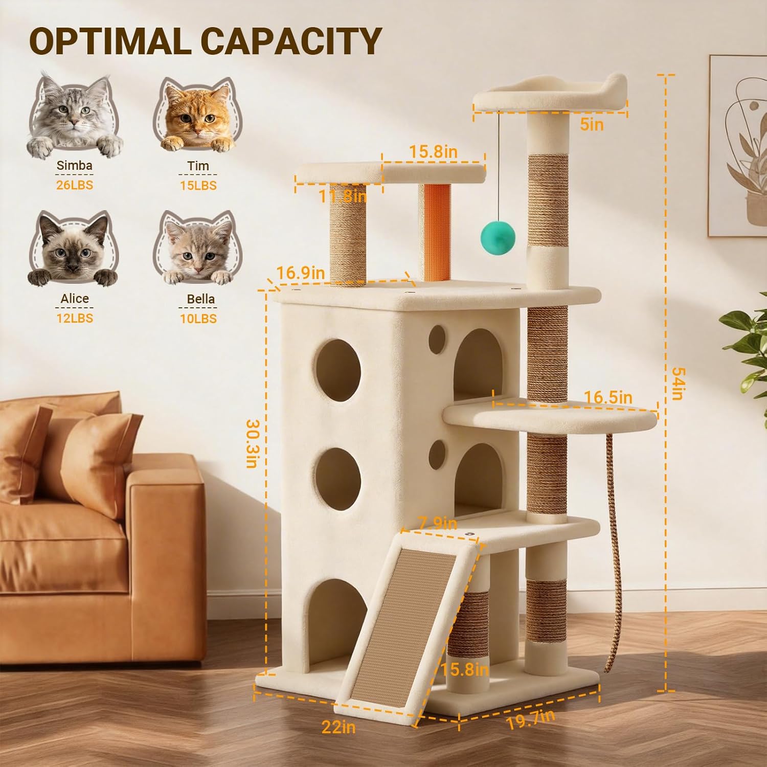 Oatmeal and suede heavy duty cat tree tower with multiple levels and hideaway spaces for cats — view 4