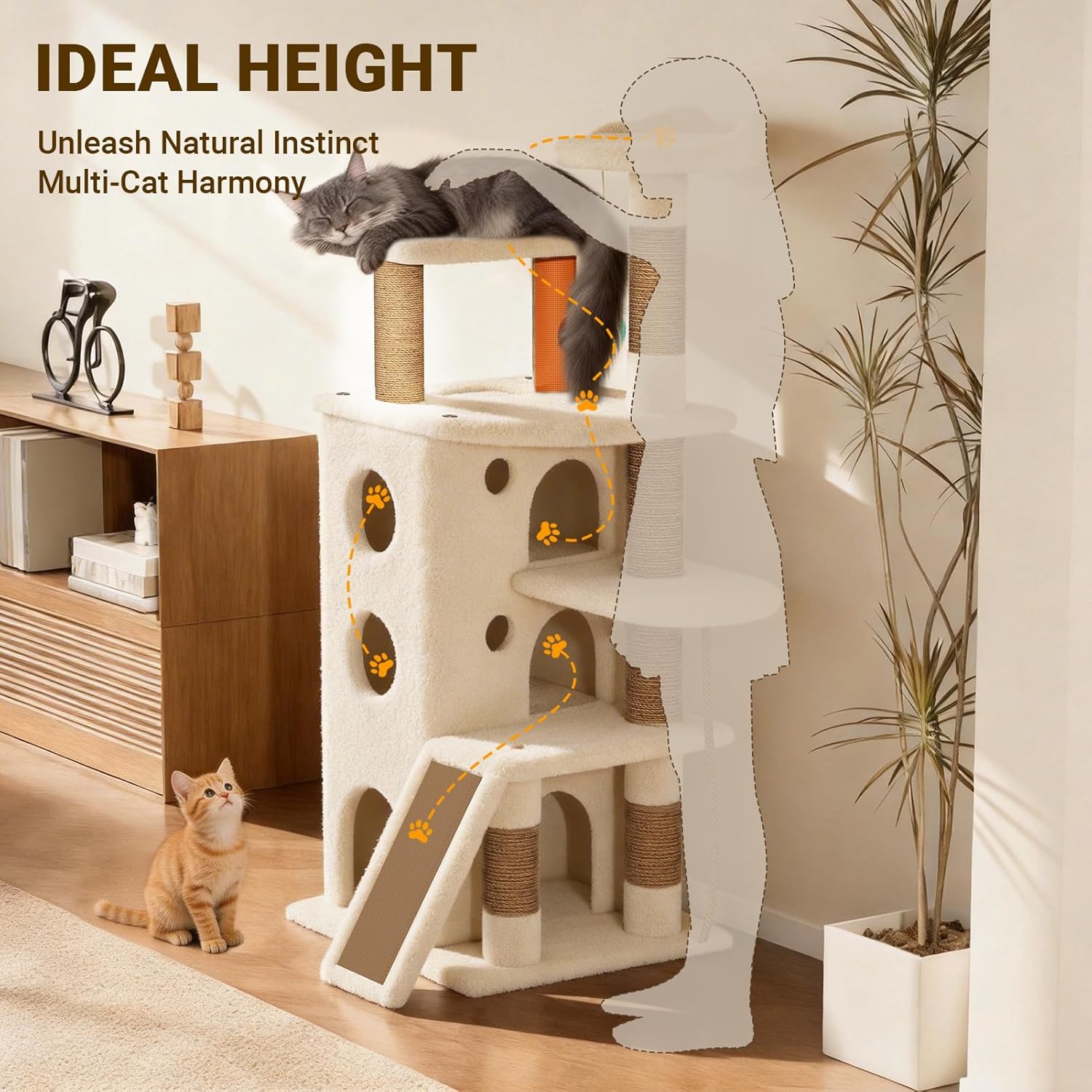 Oatmeal and suede heavy duty cat tree tower with multiple levels and hideaway spaces for cats — view 5