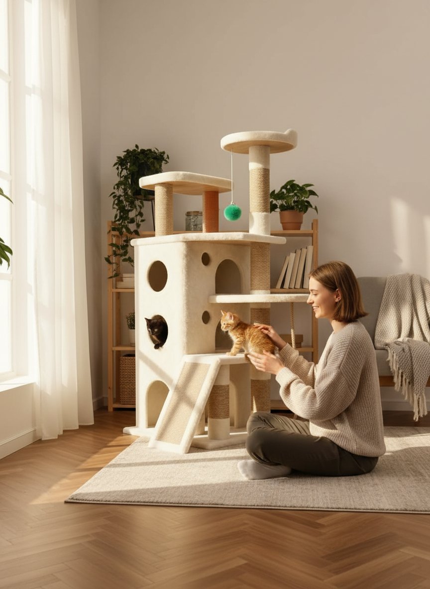 Oatmeal and suede heavy duty cat tree tower with multiple levels and hideaway spaces for cats — view 1
