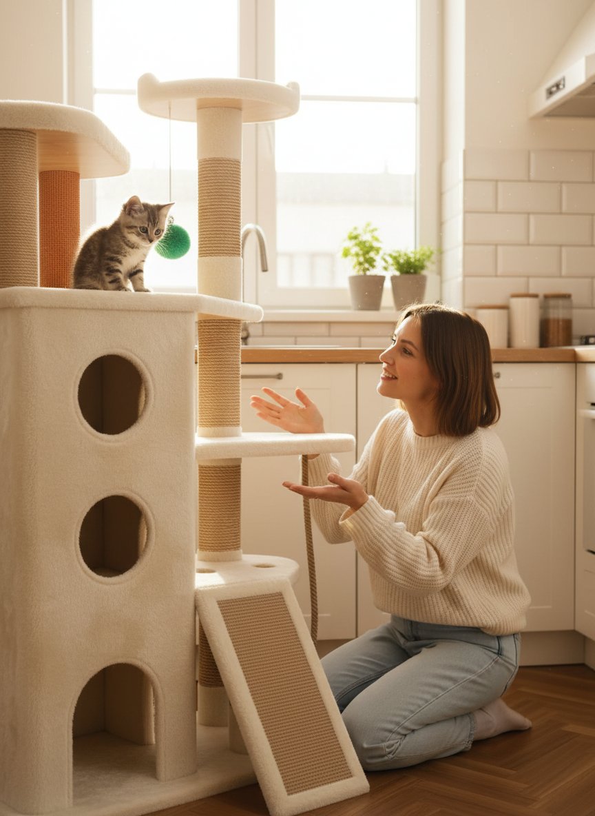 Oatmeal and suede heavy duty cat tree tower with multiple levels and hideaway spaces for cats — view 2