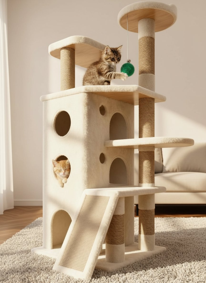 Oatmeal and suede heavy duty cat tree tower with multiple levels and hideaway spaces for cats — view 3a