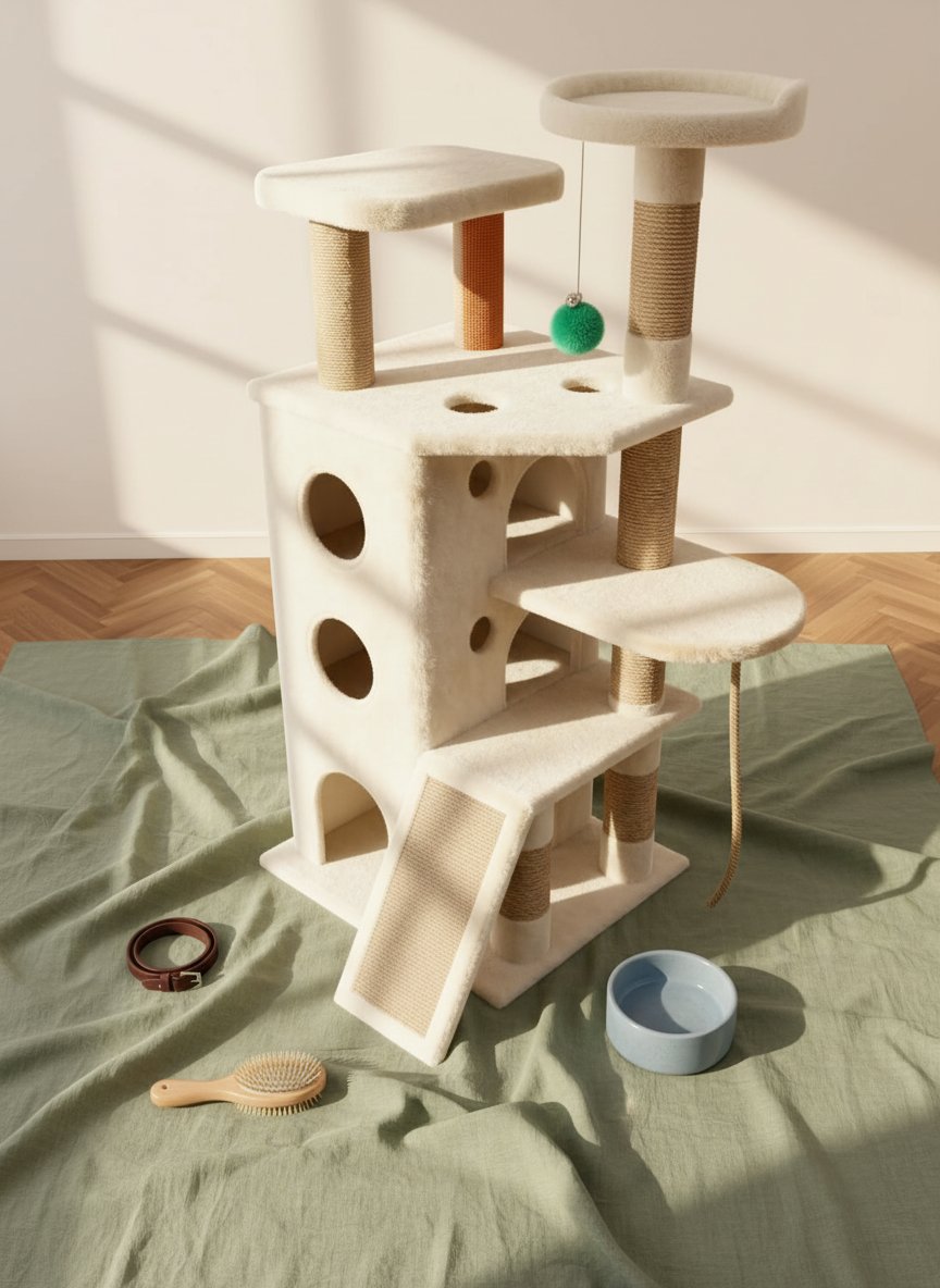 Oatmeal and suede heavy duty cat tree tower with multiple levels and hideaway spaces for cats — view 4