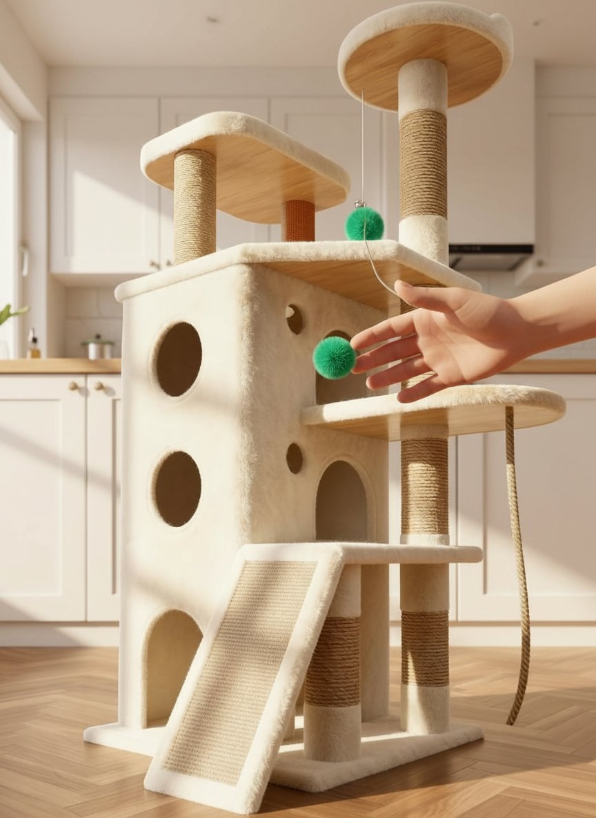 Oatmeal and suede heavy duty cat tree tower with multiple levels and hideaway spaces for cats — view 6