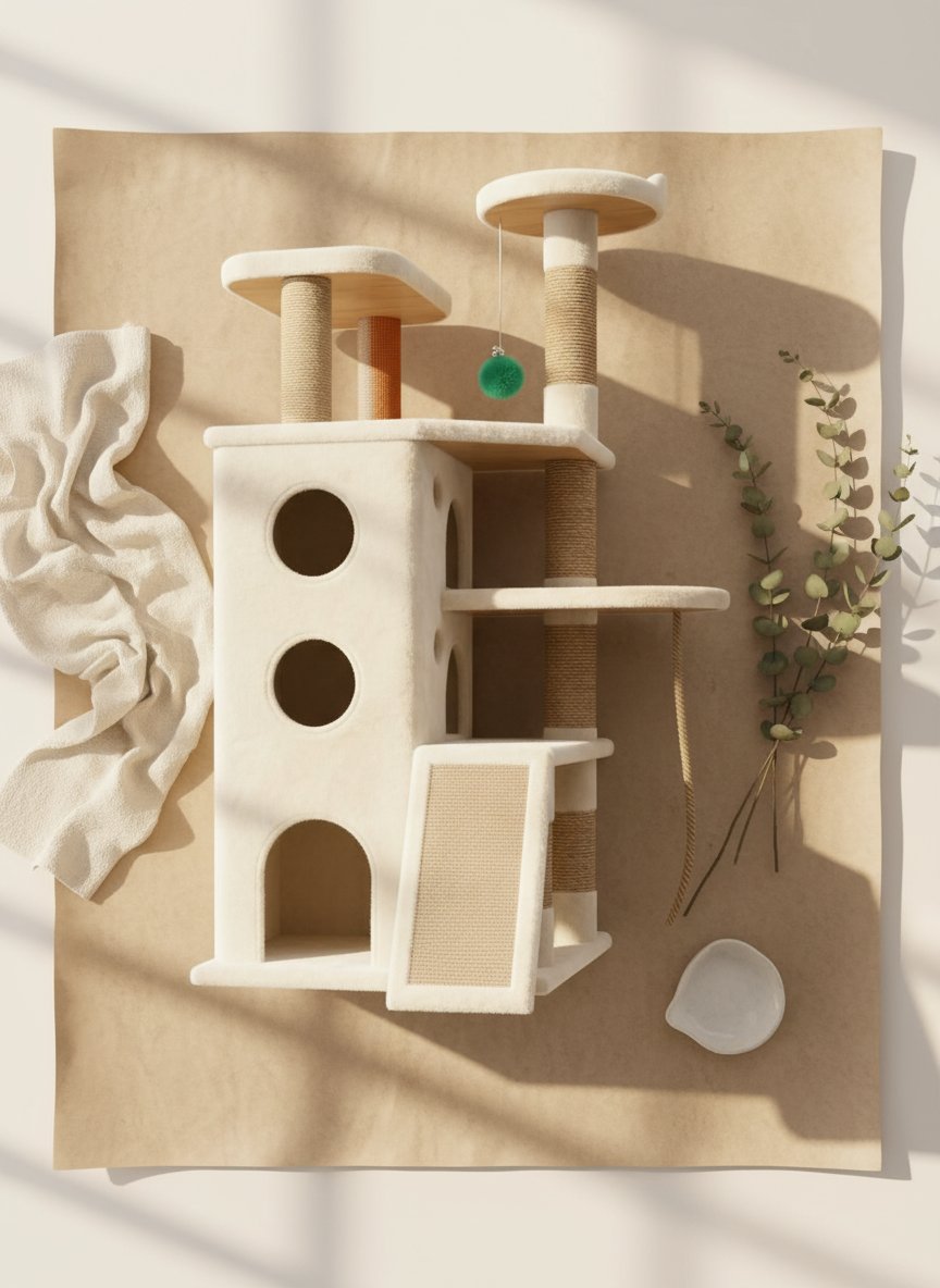 Oatmeal and suede heavy duty cat tree tower with multiple levels and hideaway spaces for cats — view 7b