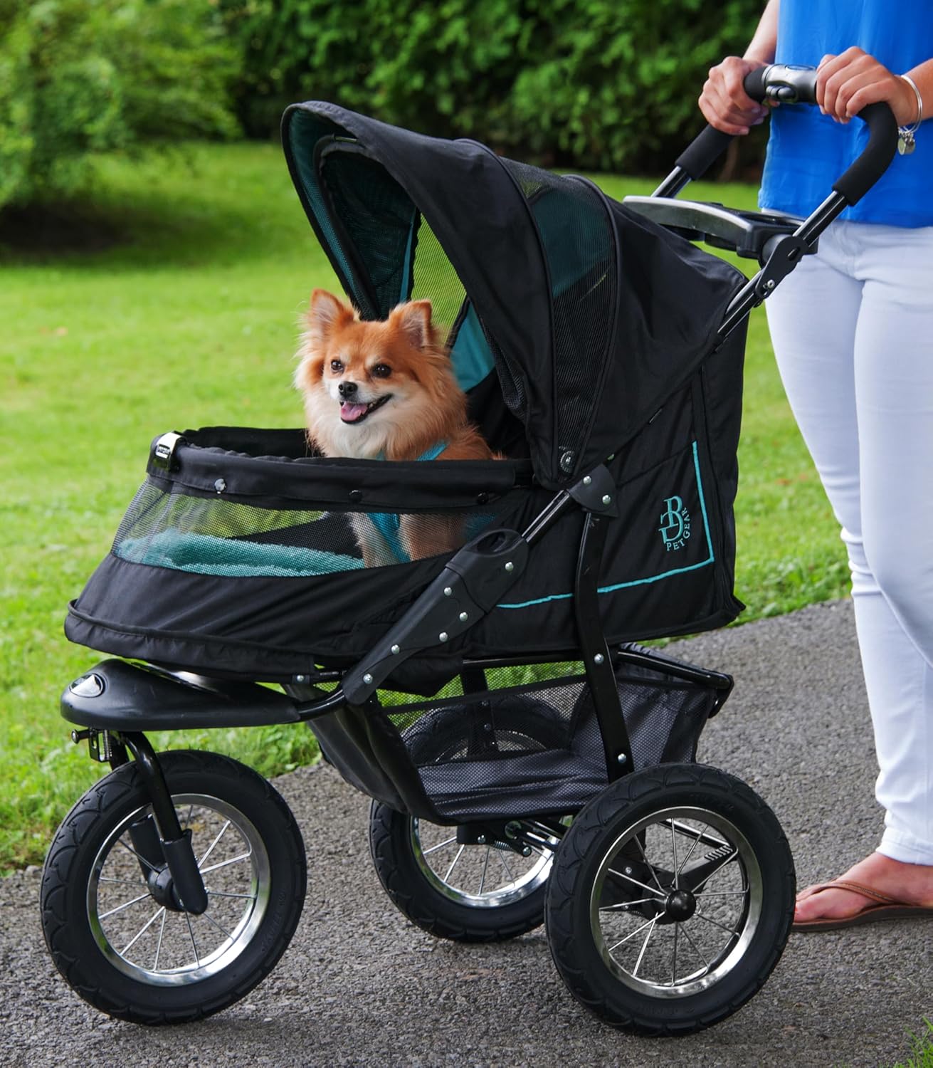 Caribbean blue pet stroller with zipperless mesh entry and gel-filled tires, showing plush pad and one-hand fold design โ view 1