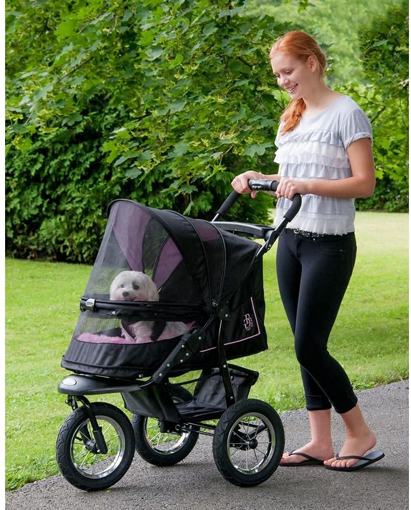 Caribbean blue pet stroller with zipperless mesh entry and gel-filled tires, showing plush pad and one-hand fold design โ view 4