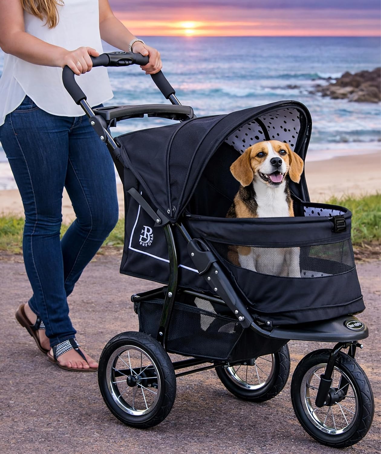 Caribbean blue pet stroller with zipperless mesh entry and gel-filled tires, showing plush pad and one-hand fold design โ view 5
