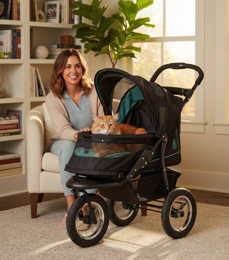 Caribbean blue pet stroller with zipperless mesh entry and gel-filled tires, showing plush pad and one-hand fold design โ view 1