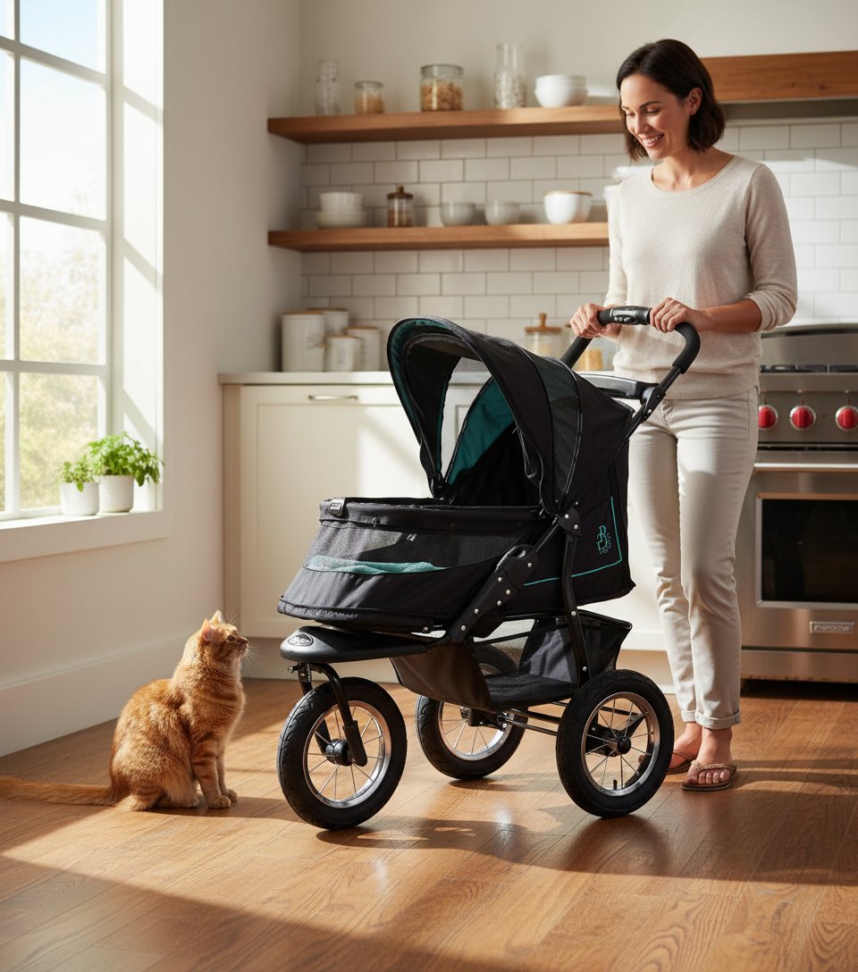 Caribbean blue pet stroller with zipperless mesh entry and gel-filled tires, showing plush pad and one-hand fold design โ view 2