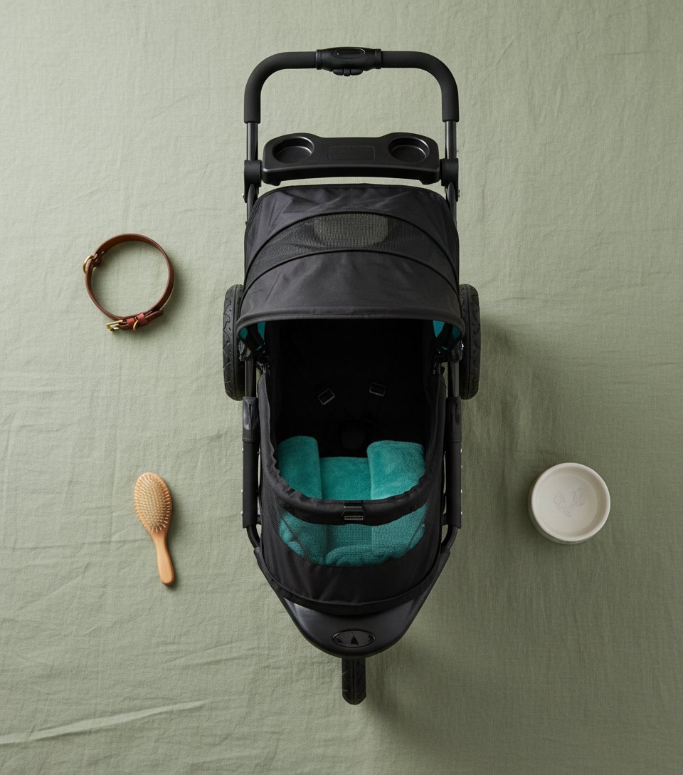 Caribbean blue pet stroller with zipperless mesh entry and gel-filled tires, showing plush pad and one-hand fold design โ view 4
