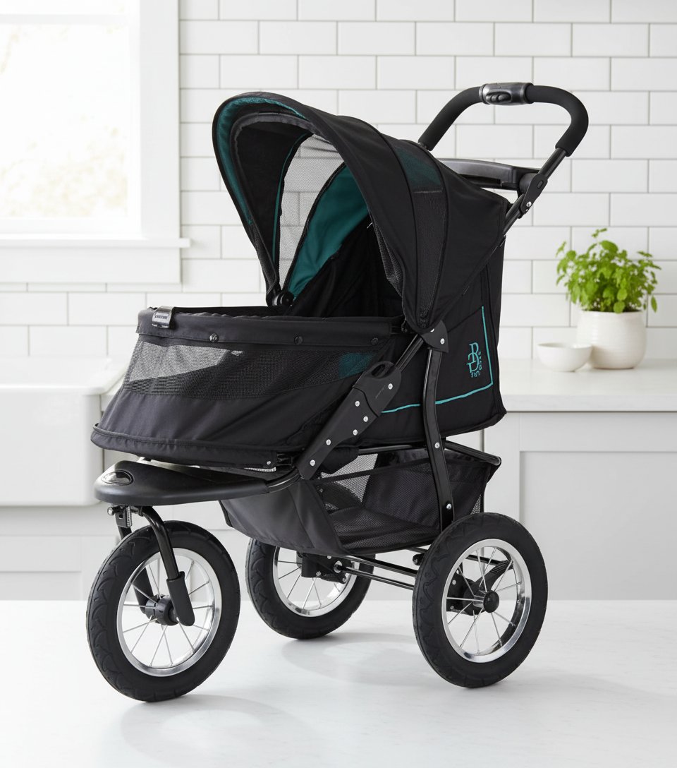 Caribbean blue pet stroller with zipperless mesh entry and gel-filled tires, showing plush pad and one-hand fold design โ view 5a