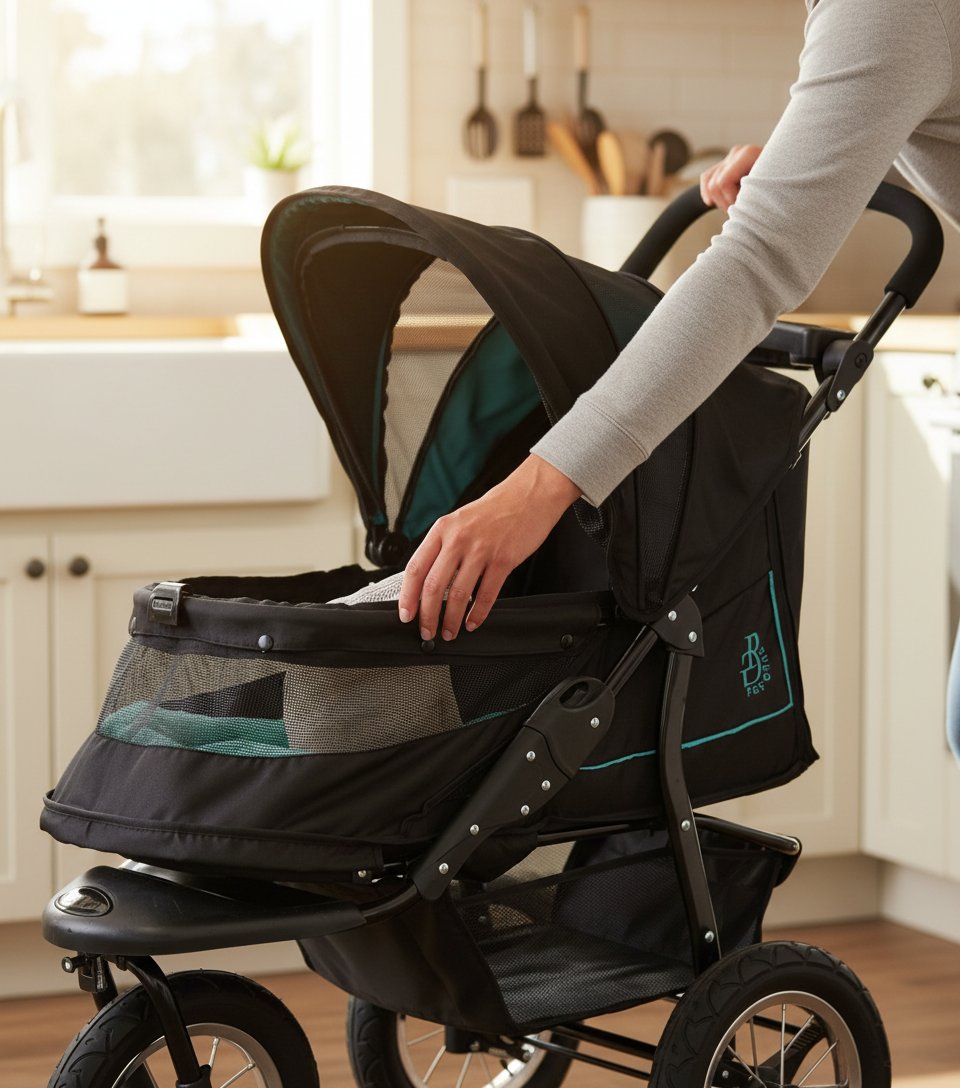 Caribbean blue pet stroller with zipperless mesh entry and gel-filled tires, showing plush pad and one-hand fold design โ view 6