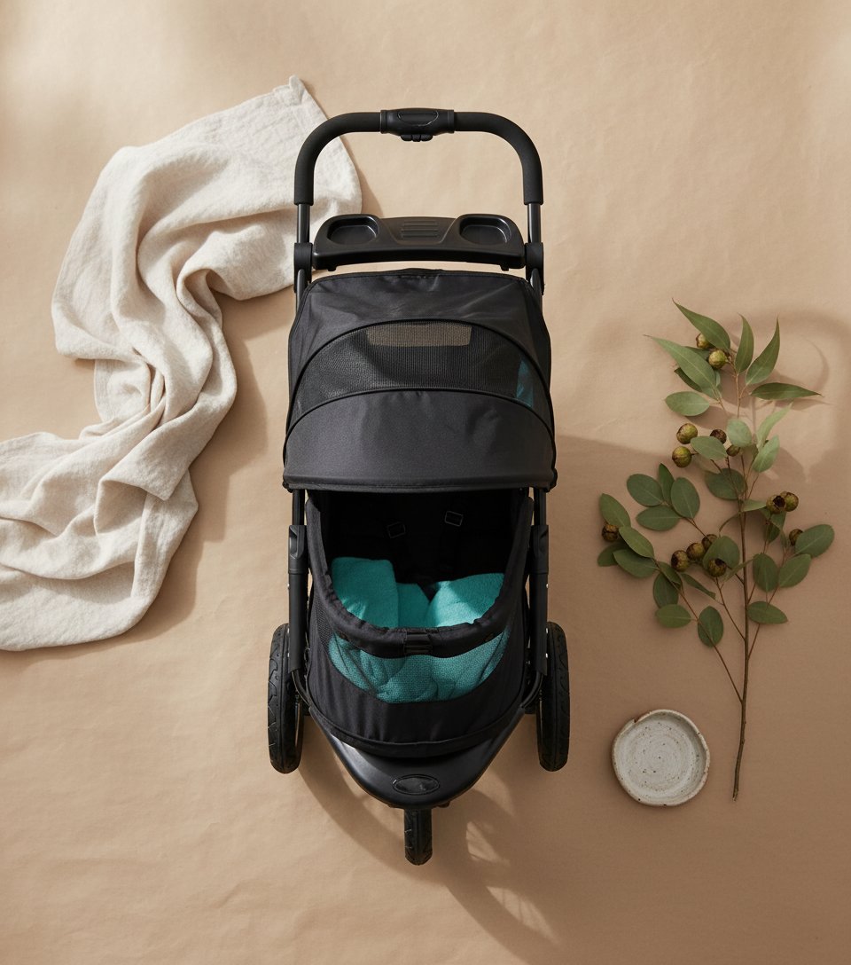 Caribbean blue pet stroller with zipperless mesh entry and gel-filled tires, showing plush pad and one-hand fold design โ view 7b