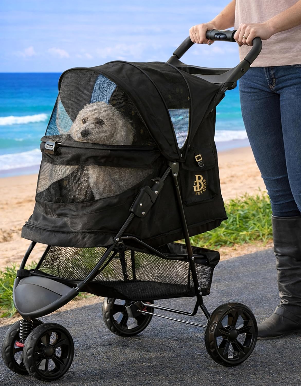 Charcoal black no-zip pet stroller with aluminum frame, zipperless entry door, and cup holder for cats and dogs โ view 1