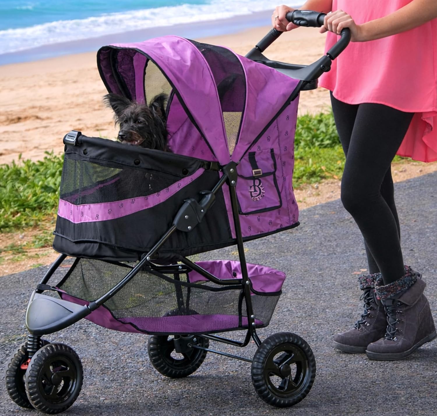 Charcoal black no-zip pet stroller with aluminum frame, zipperless entry door, and cup holder for cats and dogs โ view 4
