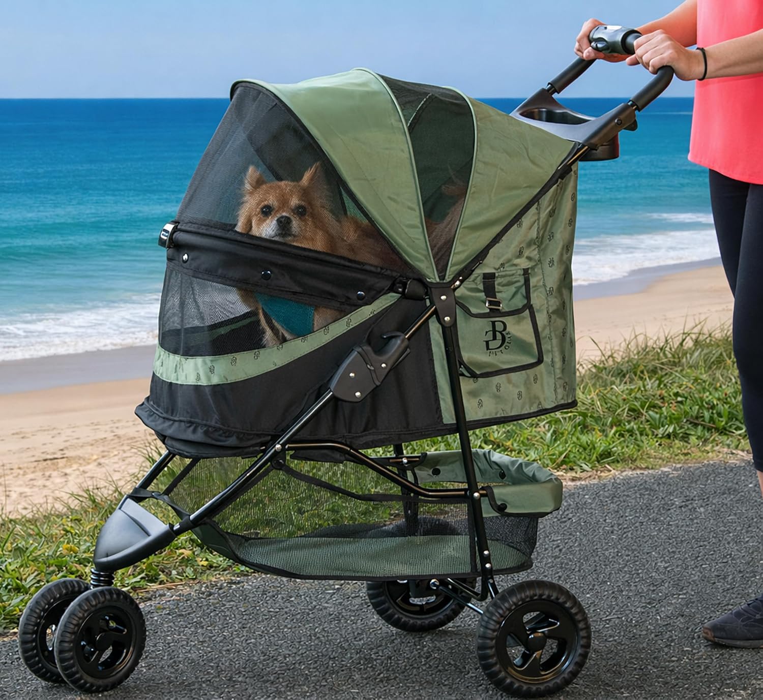 Charcoal black no-zip pet stroller with aluminum frame, zipperless entry door, and cup holder for cats and dogs โ view 2