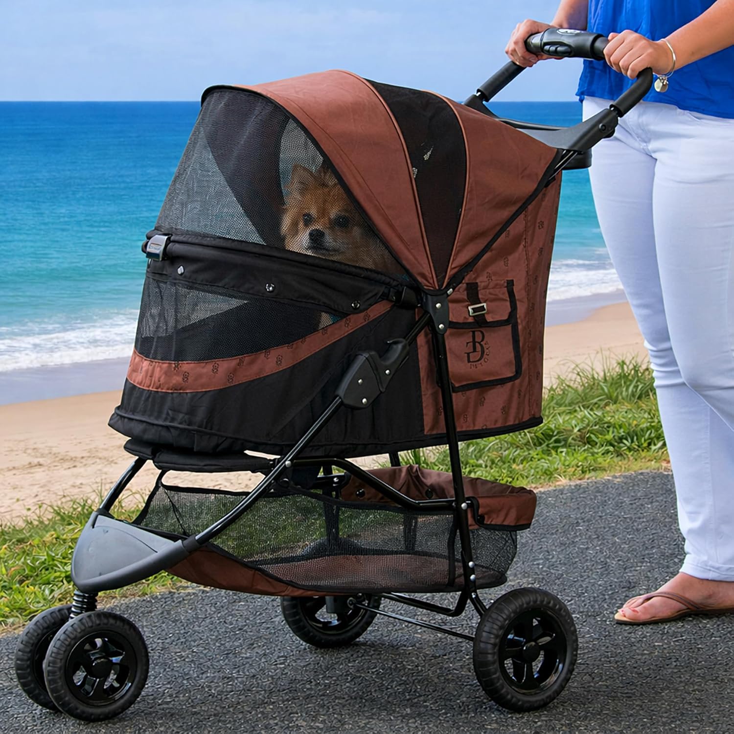 Charcoal black no-zip pet stroller with aluminum frame, zipperless entry door, and cup holder for cats and dogs โ view 3