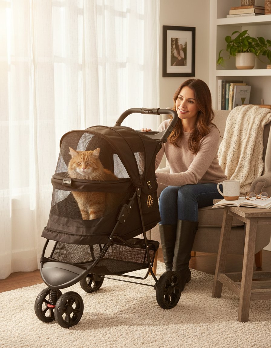 Charcoal black no-zip pet stroller with aluminum frame, zipperless entry door, and cup holder for cats and dogs โ view 1