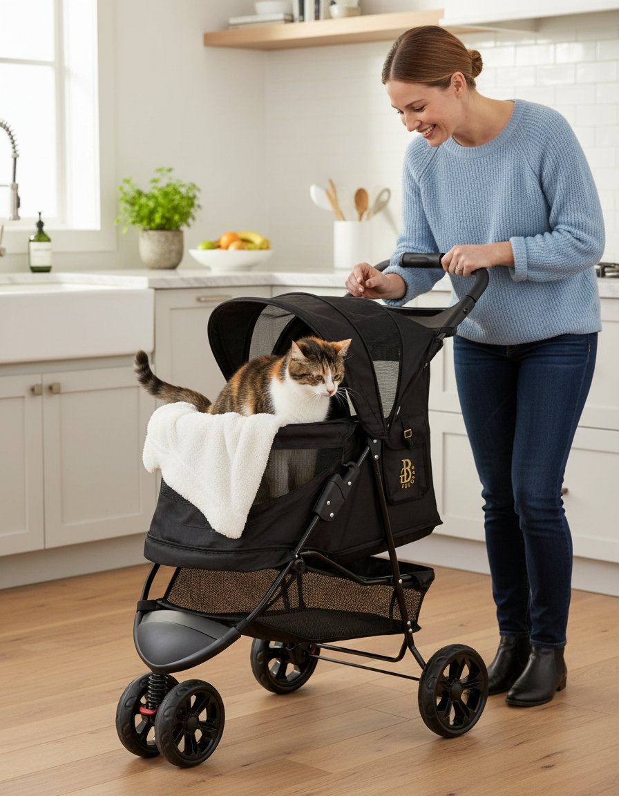 Charcoal black no-zip pet stroller with aluminum frame, zipperless entry door, and cup holder for cats and dogs โ view 2