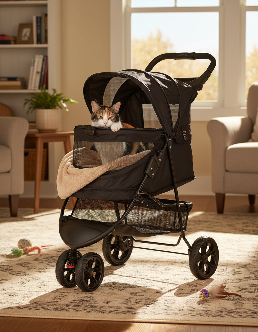 Charcoal black no-zip pet stroller with aluminum frame, zipperless entry door, and cup holder for cats and dogs โ view 3a
