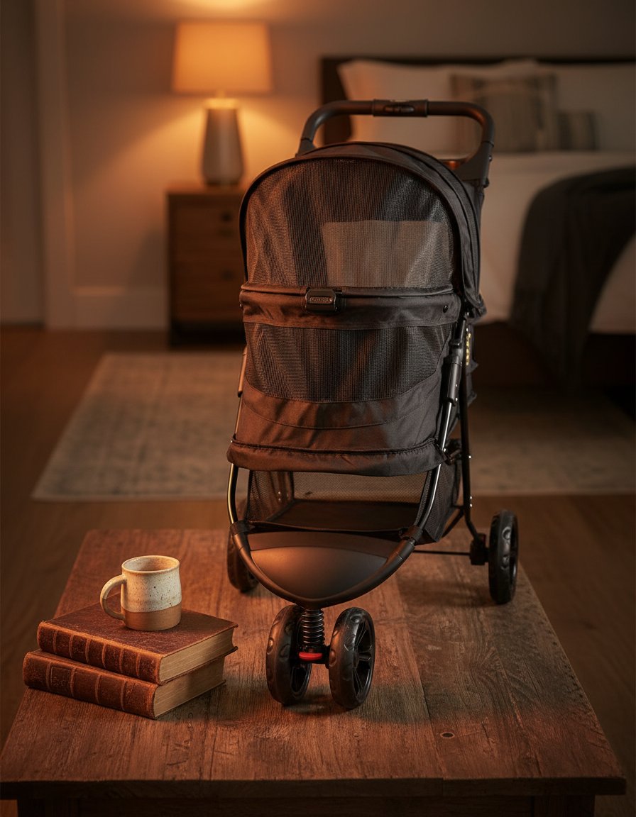 Charcoal black no-zip pet stroller with aluminum frame, zipperless entry door, and cup holder for cats and dogs โ view 3b