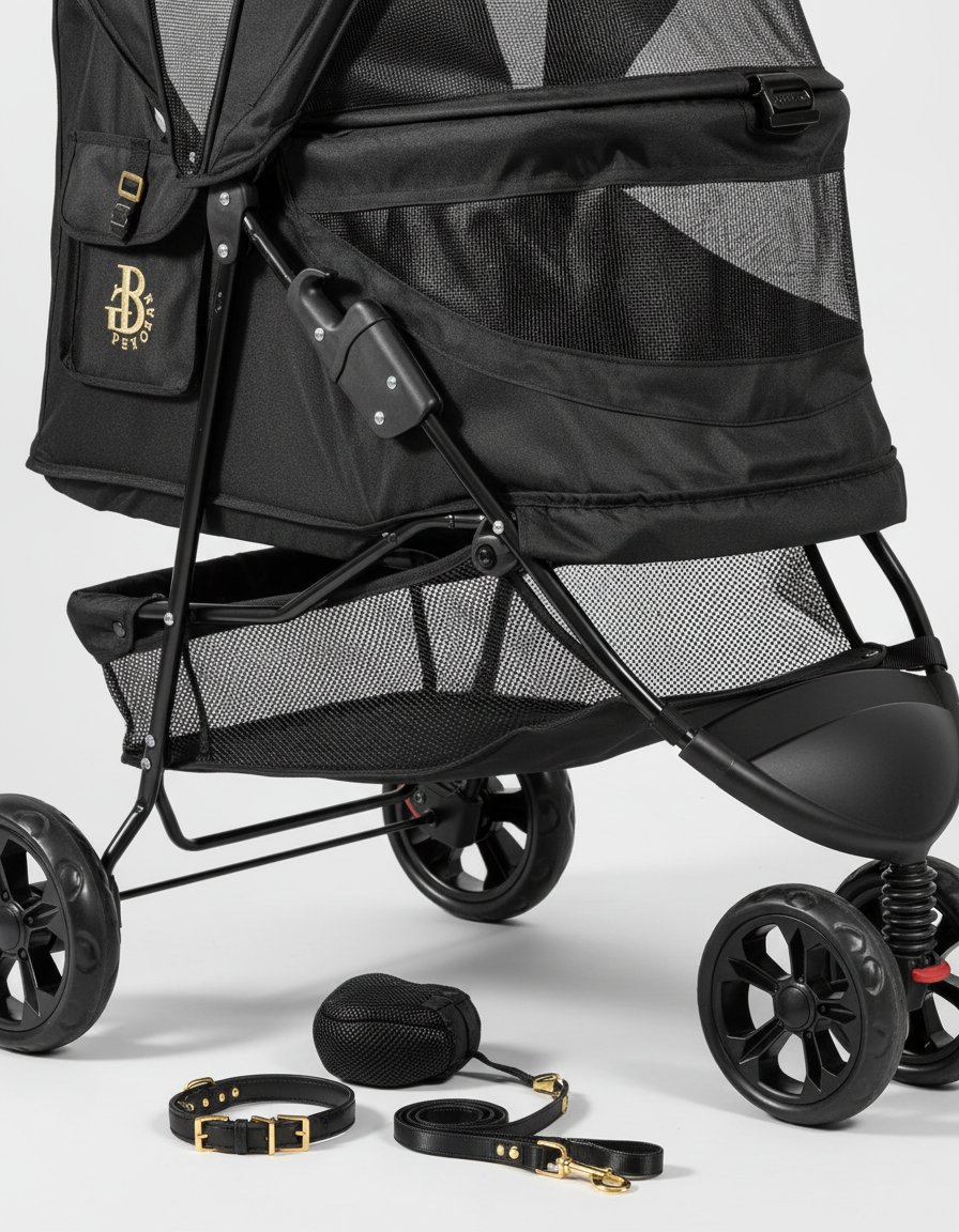 Charcoal black no-zip pet stroller with aluminum frame, zipperless entry door, and cup holder for cats and dogs โ view 5b