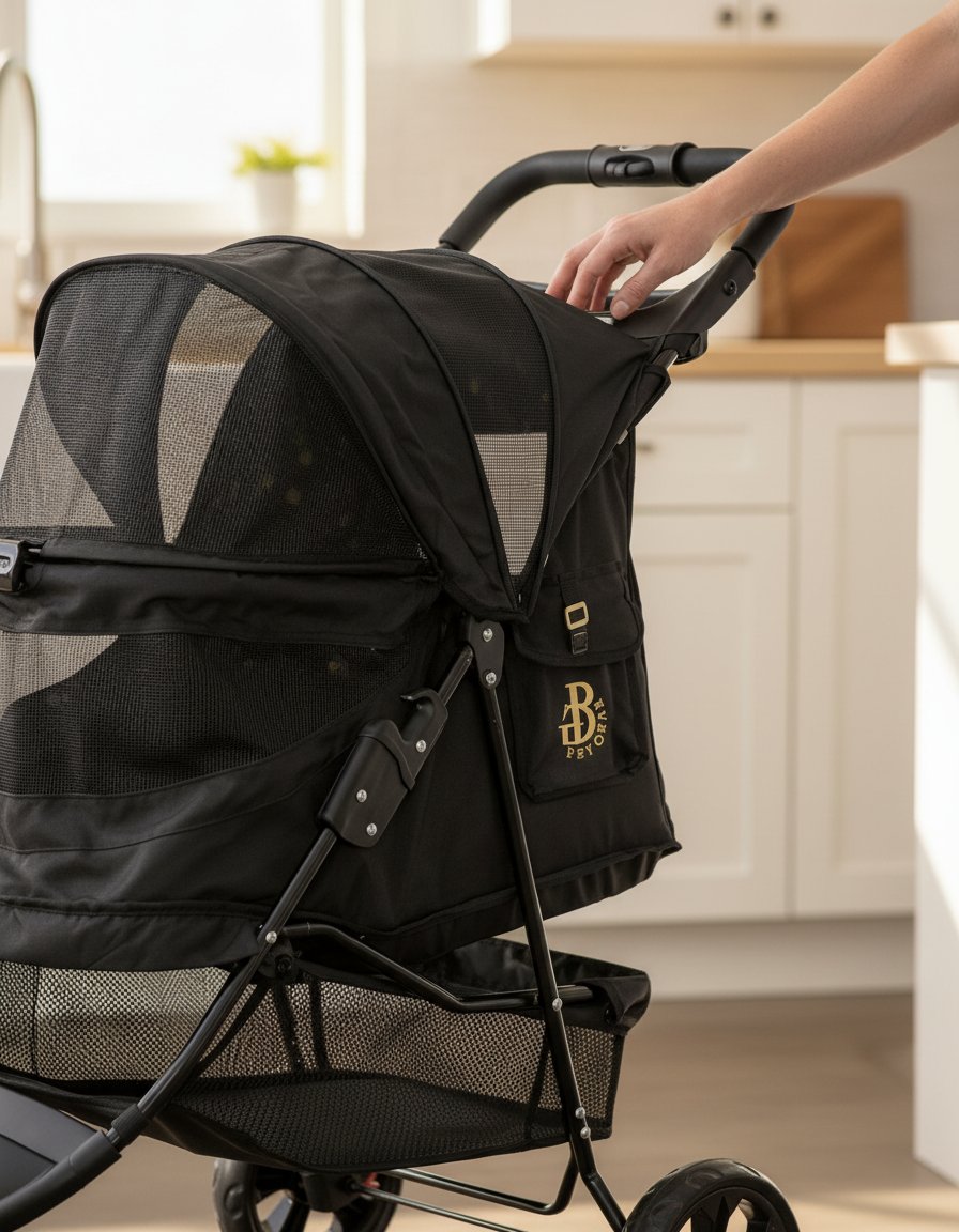 Charcoal black no-zip pet stroller with aluminum frame, zipperless entry door, and cup holder for cats and dogs โ view 6