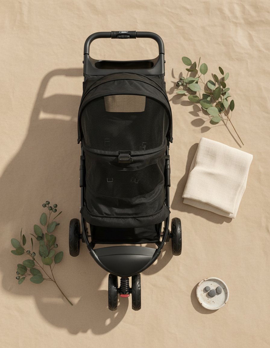 Charcoal black no-zip pet stroller with aluminum frame, zipperless entry door, and cup holder for cats and dogs โ view 7b