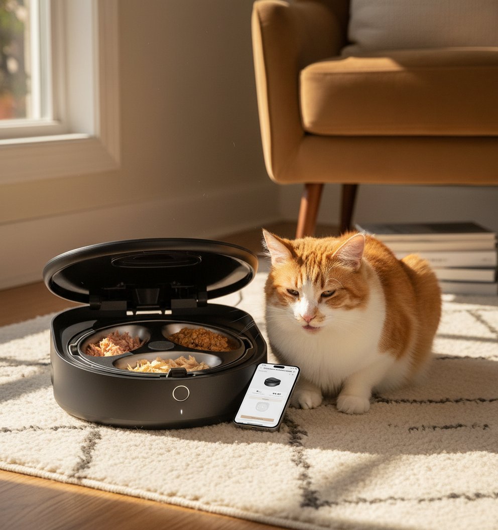 Stainless steel automatic wet food cat feeder with app control and semiconductor cooling system — view 3a