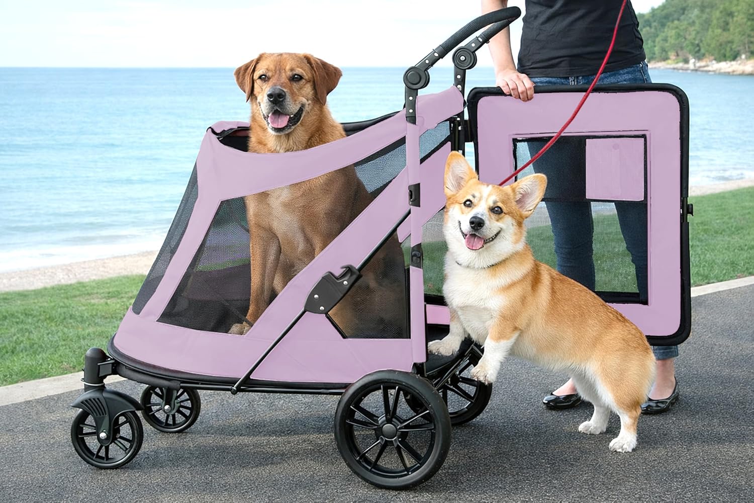 Bubble gum pink NO-Zip pet stroller with dual entry and gel-filled tires for dogs and cats โ view 1