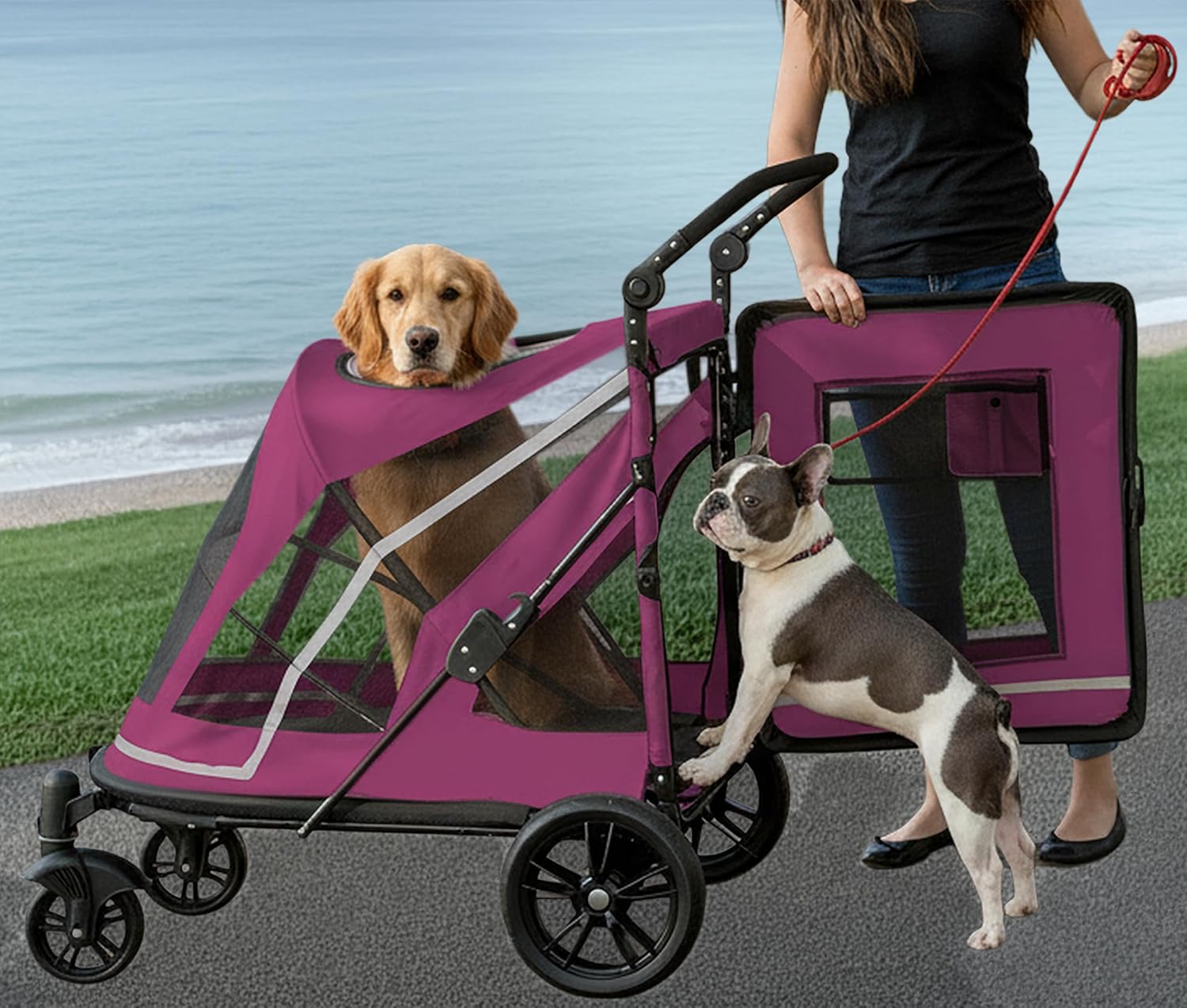 Bubble gum pink NO-Zip pet stroller with dual entry and gel-filled tires for dogs and cats โ view 2