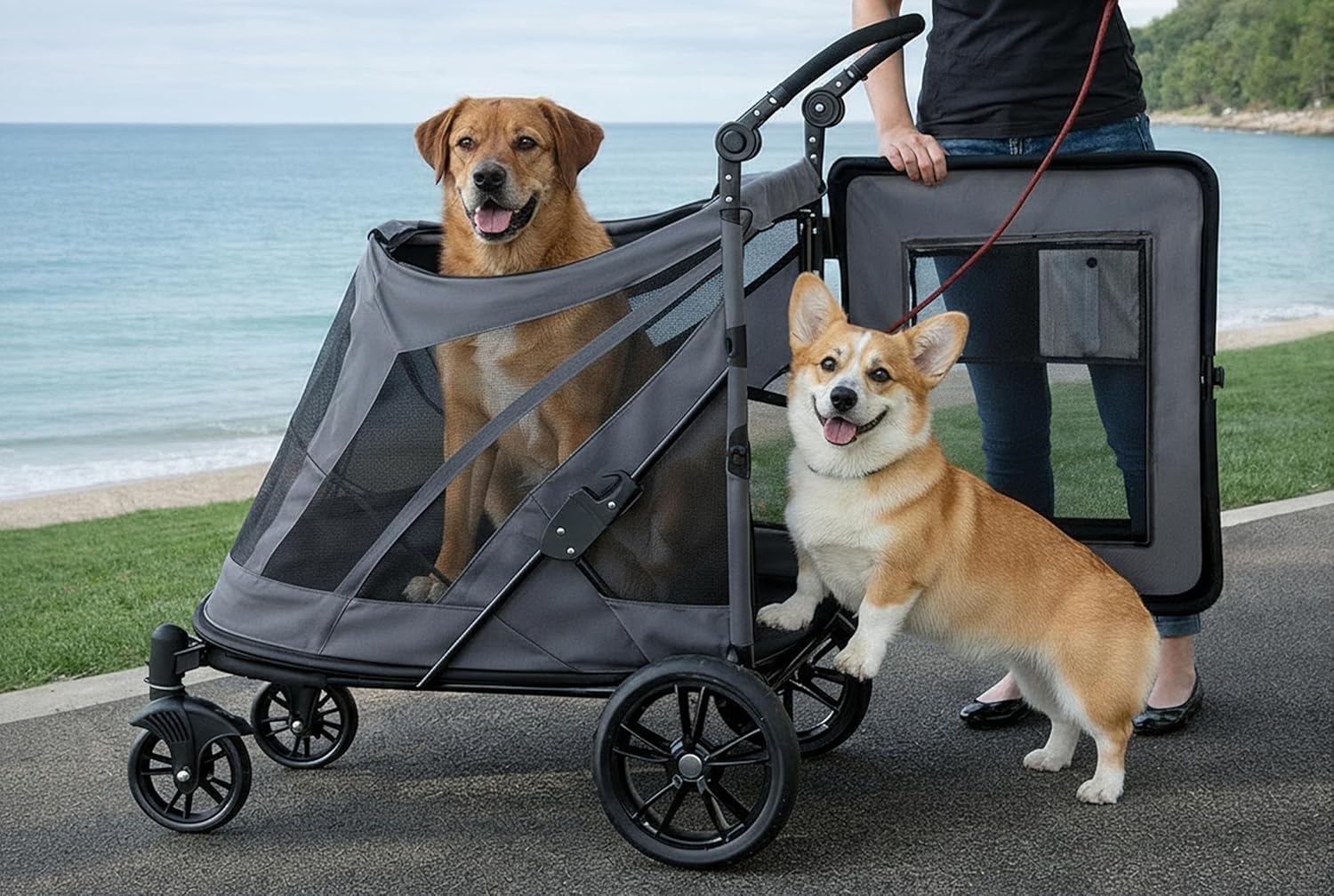 Bubble gum pink NO-Zip pet stroller with dual entry and gel-filled tires for dogs and cats โ view 3