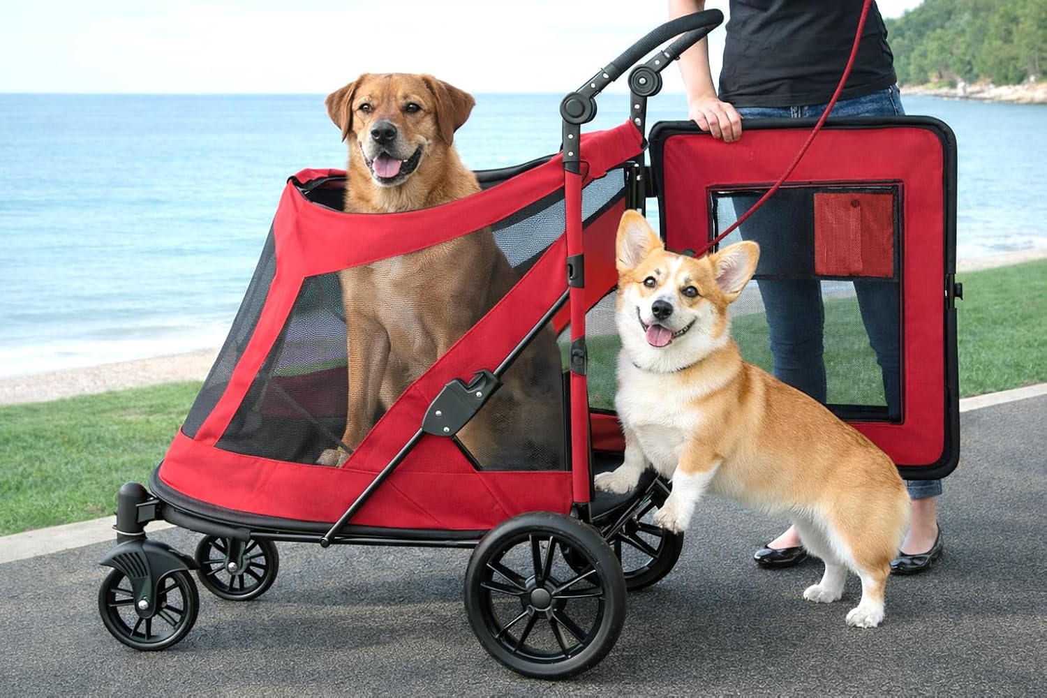 Bubble gum pink NO-Zip pet stroller with dual entry and gel-filled tires for dogs and cats โ view 4