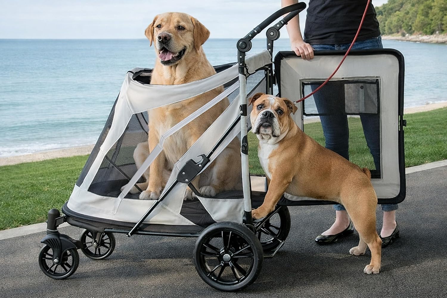 Bubble gum pink NO-Zip pet stroller with dual entry and gel-filled tires for dogs and cats โ view 5
