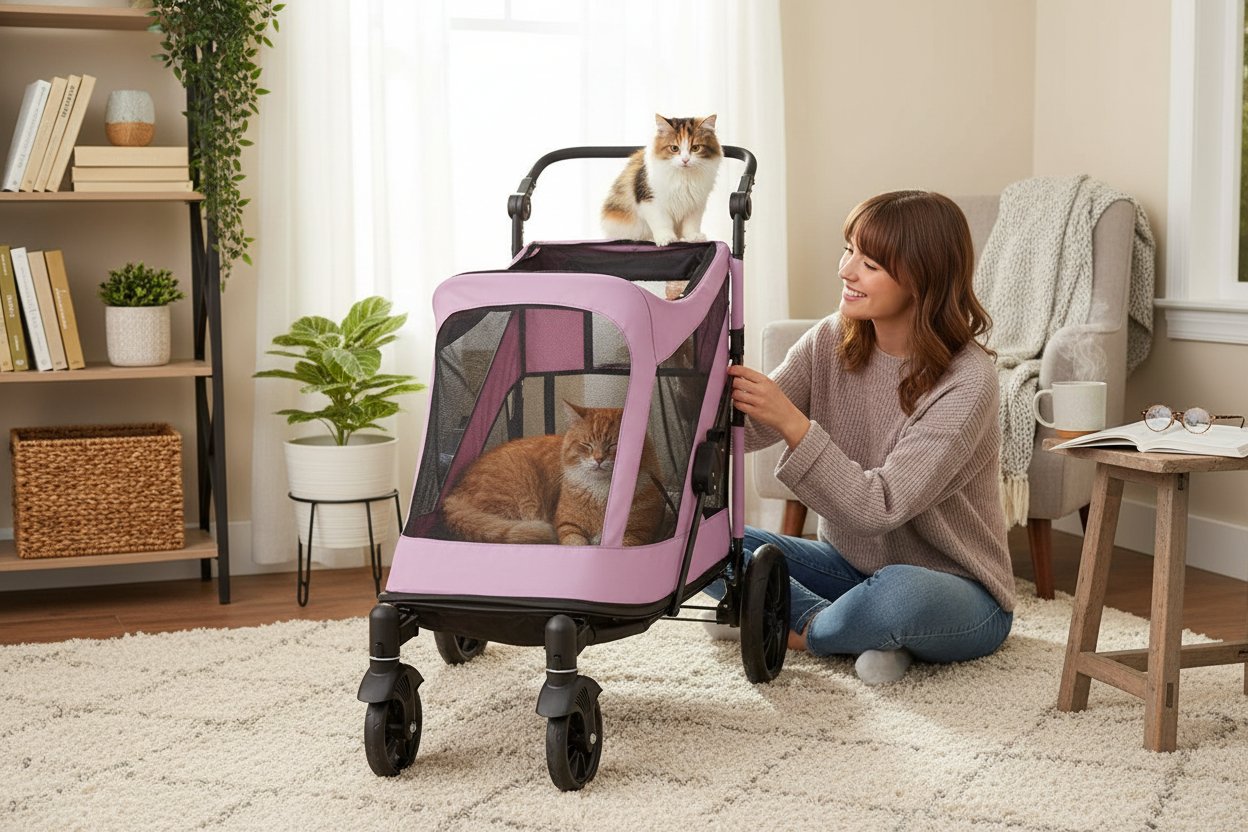Bubble gum pink NO-Zip pet stroller with dual entry and gel-filled tires for dogs and cats โ view 1