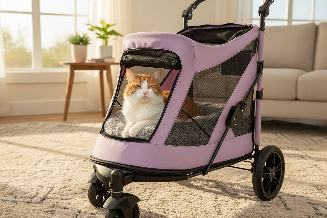 Bubble gum pink NO-Zip pet stroller with dual entry and gel-filled tires for dogs and cats โ view 3a