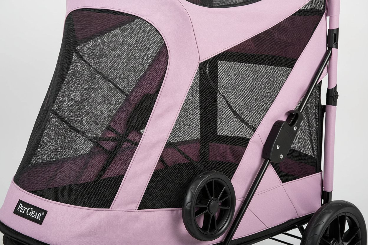 Bubble gum pink NO-Zip pet stroller with dual entry and gel-filled tires for dogs and cats โ view 5b