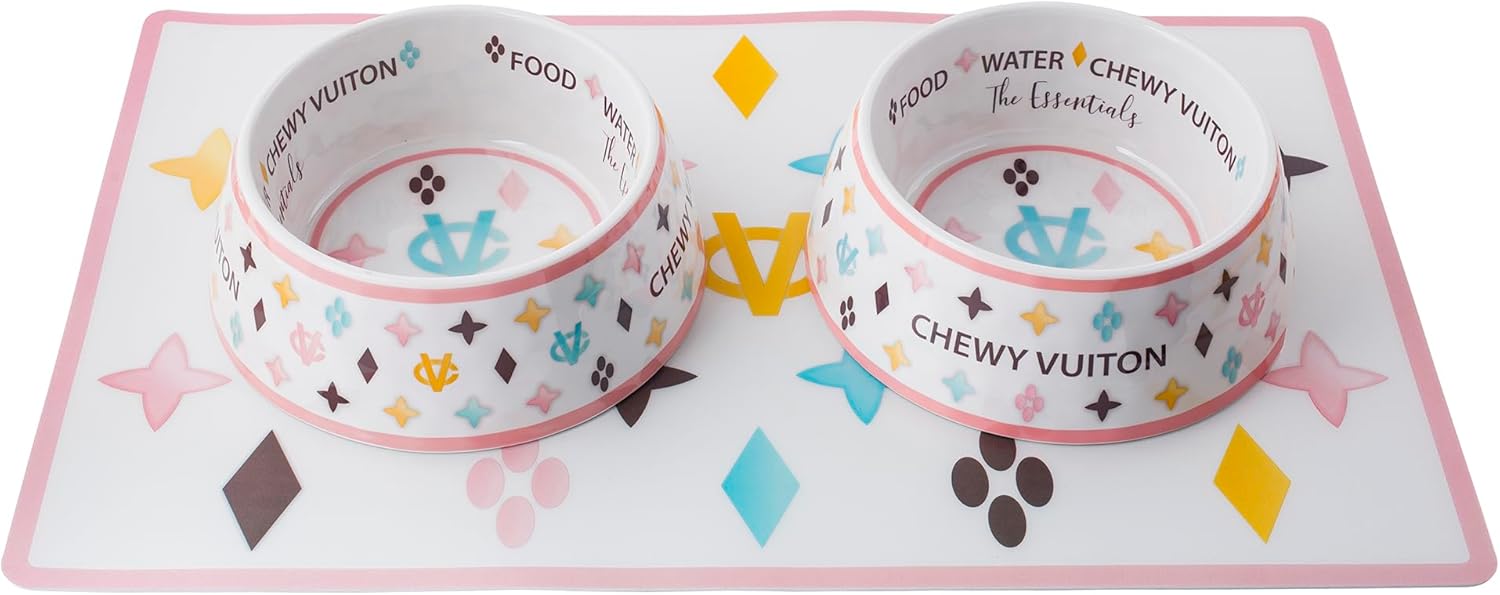 Haute Diggity Dog White Chewy Vuiton Dog Food & Water Bowls + Placemat, BPA-Free with Non-Skid Bottom, Dishwasher Safe, Medium Size, Case of 2
